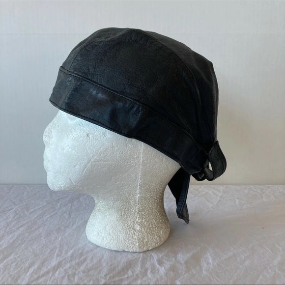 Motorcycle Skull Cap Tie Back Black leather One Size - Picture 2 of 4
